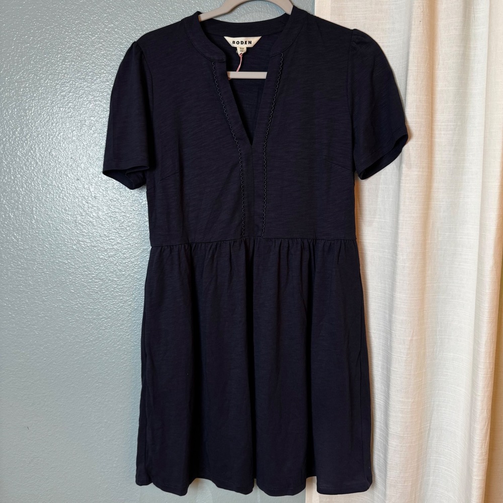 Boden Dress Women 8P Navy Tencel Modal Blend Slub Knit Scallop Trim Empire Waist